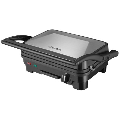 Електрогриль Liberton LPG-1401, Inox/Black, 1800W, закритий (двосторонній), індикатор готовності їжі, контроль температури, відкриття на 180град, розмір пластини 29х18.8см, рифлена+пласка, антипригарне покриття, піддон для жиру, скребок для чищення