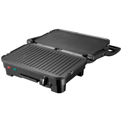 Електрогриль Liberton LPG-1401, Inox/Black, 1800W, закритий (двосторонній), індикатор готовності їжі, контроль температури, відкриття на 180град, розмір пластини 29х18.8см, рифлена+пласка, антипригарне покриття, піддон для жиру, скребок для чищення