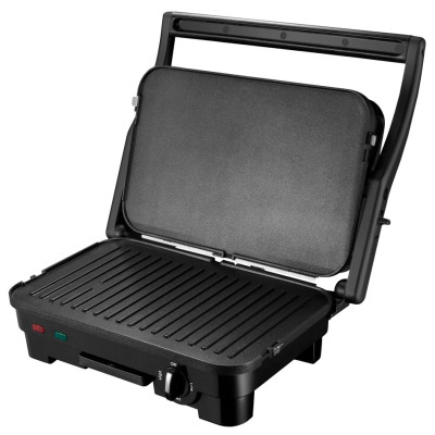 Електрогриль Liberton LPG-1401, Inox/Black, 1800W, закритий (двосторонній), індикатор готовності їжі, контроль температури, відкриття на 180град, розмір пластини 29х18.8см, рифлена+пласка, антипригарне покриття, піддон для жиру, скребок для чищення
