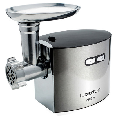 М'ясорубка Liberton LMG-28TGB02S, Silver/Black, 2800W, продуктивність 2кг/хв, диски 3/5/7мм, соковитискач для томатів, насадка для ковбасок/«кеббе», барабани для терки і шинкування, бургер-прес, реверс, лоток та шнек металевий, захист від перегріву