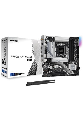 Материнська плата LGA1700, ASRock B760 Pro RS/D4 WIFI, B760, 4xDDR4, Int.Video(CPU), 4xSATA3, 3xM.2, 2xPCI-E 16x 4.0, 1xPCI-E 16x 3.0, 1xPCI-E 1x 3.0, ALC897, RTL8125BG, WiFi 6E, Bluetooth 5.3, 9xUSB3.2/4xUSB2.0, Type-C, HDMI/DP, CrossFire, ATX
