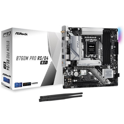 Материнська плата LGA1700, ASRock B760 Pro RS/D4 WIFI, B760, 4xDDR4, Int.Video(CPU), 4xSATA3, 3xM.2, 2xPCI-E 16x 4.0, 1xPCI-E 16x 3.0, 1xPCI-E 1x 3.0, ALC897, RTL8125BG, WiFi 6E, Bluetooth 5.3, 9xUSB3.2/4xUSB2.0, Type-C, HDMI/DP, CrossFire, ATX