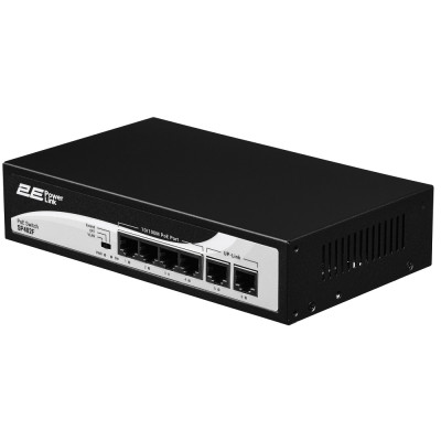 Комутатор 2E PowerLink SP402F, Black, некерований, 4xFE PoE 10/100M, 2xFE Uplink 10/100M, 55 Вт, автовизначення полярності (2E-SP402F-2)