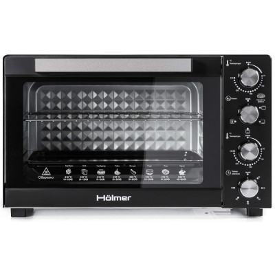 Електродуховка Holmer HEO-248C, Black, 1700w, 48л, конвекція, 3 рівні, роздільне регулювання температури, таймер, 70-250°С, противень з антипргарним покриттям, решітка гриль, ручка, фіксація відкритого положення дверцят