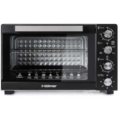 Електродуховка Holmer HEO-248CB, Black, 1700w, 48л, конвекція + 2 ДЕКО, 3 рівні, роздільне регулювання температури, таймер, 70-250°С, деко з антипргарним покриттям, решітка гриль, ручка, фіксація відкритого положення дверцят