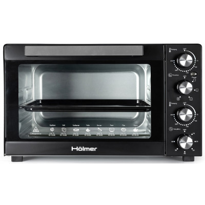 Електродуховка Holmer HEO-083B, Black, 1800W, 38 л, 3 рівні, роздільне регулювання температури, таймер, 70-250°С, противень з антипргарним покриттям, решітка гриль, ручка, фіксація відкритого положення дверцят