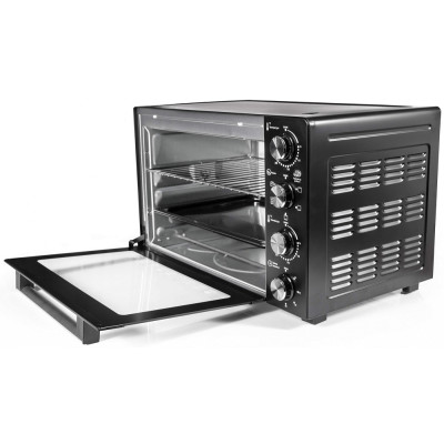 Електродуховка Holmer HEO-083CR, Black, 1800W, 38л, 3 рівні, конвекція, вертел, роздільне регулювання температури, таймер, 70-250°С, деко з антипргарним покриттям, решітка гриль, ручка, фіксація відкритого положення дверцят