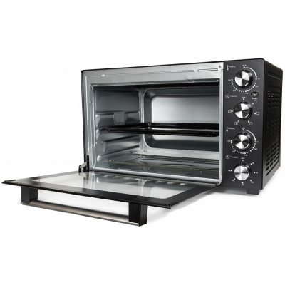 Електродуховка Holmer HEO-083CR, Black, 1800W, 38л, 3 рівні, конвекція, вертел, роздільне регулювання температури, таймер, 70-250°С, деко з антипргарним покриттям, решітка гриль, ручка, фіксація відкритого положення дверцят