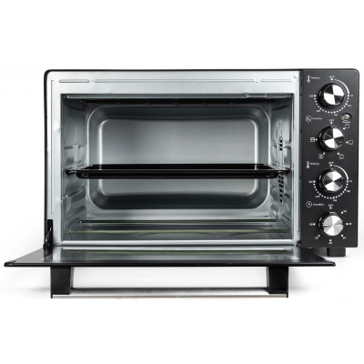 Електродуховка Holmer HEO-083CR, Black, 1800W, 38л, 3 рівні, конвекція, вертел, роздільне регулювання температури, таймер, 70-250°С, деко з антипргарним покриттям, решітка гриль, ручка, фіксація відкритого положення дверцят