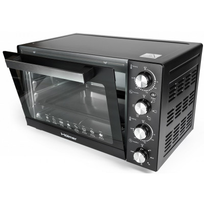 Електродуховка Holmer HEO-083CR, Black, 1800W, 38л, 3 рівні, конвекція, вертел, роздільне регулювання температури, таймер, 70-250°С, деко з антипргарним покриттям, решітка гриль, ручка, фіксація відкритого положення дверцят