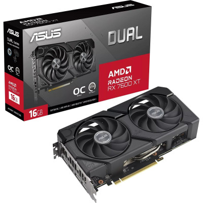 Відеокарта Radeon RX 7600 XT, Asus, DUAL OC, 16Gb GDDR6, 128-bit, HDMI/3xDP, 2801/18000 MHz, 8-pin (DUAL-RX7600XT-O16G)