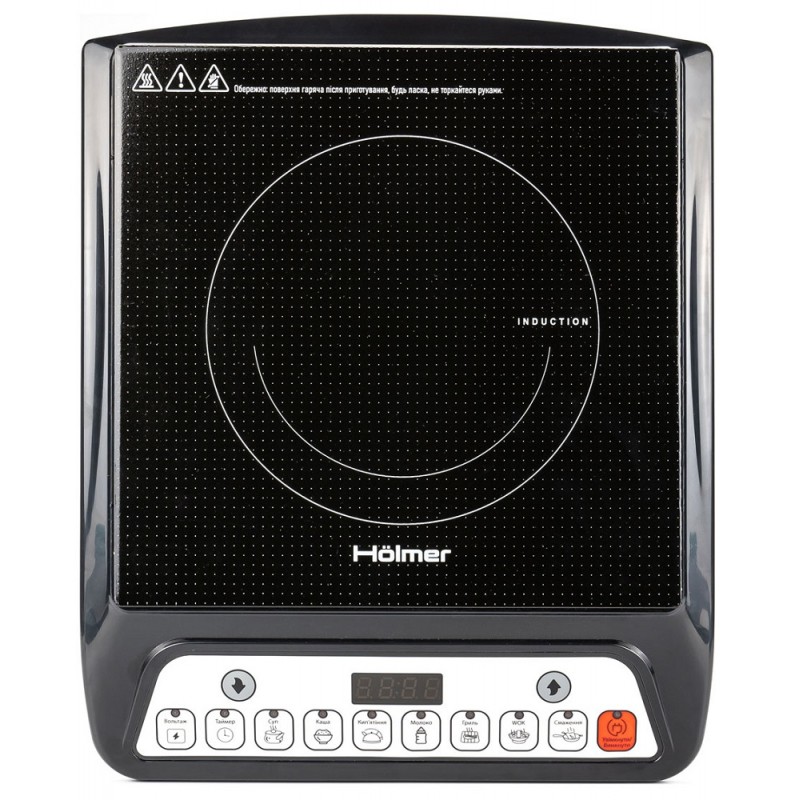 Настільна плита Holmer HIP-251C, Black, 2000W, індукційна, 1 зона нагріву 17см, 8 рівнів температури, 7 режими приготування, керування кнопкове, розпізнавання розміру посуду, автовідключення