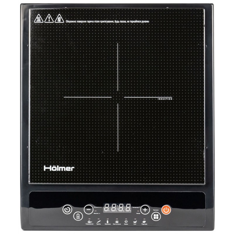 Настільна плита Holmer HIP-252C, Black, 2000W, індукційна, 1 зона нагріву 17см, 8 рівнів температури, 7 режими приготування, керування сенсорне, розпізнавання розміру посуду, автовідключення