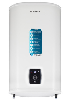 Водонагрівач Willer EVH80DRI Libra, White, 2000W, 80л, плаский, сухий ТЕН, універсальний монтаж, 2 ТЕНи, електронне керування, цифровий дисплей, 2 режими потужності, зовнішній терморегулятор, бак титанокварцова емаль, D, 90х57х31см