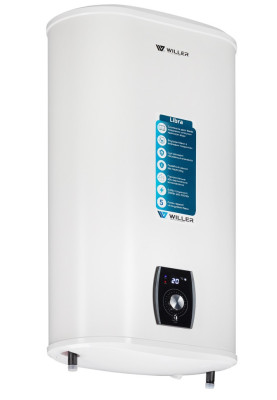 Водонагрівач Willer EVH80DRI Libra, White, 2000W, 80л, плаский, сухий ТЕН, універсальний монтаж, 2 ТЕНи, електронне керування, цифровий дисплей, 2 режими потужності, зовнішній терморегулятор, бак титанокварцова емаль, D, 90х57х31см