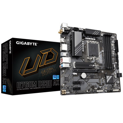 Материнська плата LGA1700, Gigabyte B760M DS3H AX, B760, 4xDDR5, Int.Video(CPU), 4xSATA3, 2xM.2, 1xPCI-E 4.0 x16, 2xPCI-E 3.0 x1, Realtek 7.1, RTL8125BG, WiFi 6E, Bluetooth 5.3, 6xUSB3.2/6xUSB2.0, HDMI/2xDP, MicroATX