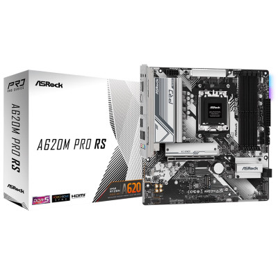 Материнська плата AM5 ASRock A620M Pro RS, A620, 4xDDR5, Int.Video (CPU), 4xSATA3, 3xM.2, 1xPCI-E 4.0 x16, 1xM.2 (Key E), ALC897, RTL8111H, 7xUSB3.2/8xUSB2.0, HDMI/DP, Micro ATX