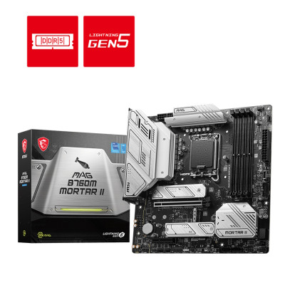 Материнська плата LGA1700, MSI MAG B760M MORTAR II, B760, 4xDDR5, Int.Video(CPU), 4xSATA3, 3xM.2, 1xPCI-E 5.0 x16, 1xPCI-E 4.0 x4, ALC897, Realtek 2.5Gbps, 7xUSB3.2/8xUSB2.0, HDMI/DP, MicroATX