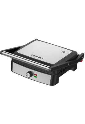 Електрогриль Liberton LPG-1402, Inox/Black, 2200W, закритий (двосторонній), індикатор готовності їжі, регулятор температури, відкривання на 180град, розмір пластини 29х23см, рифлені пластини, антипригарне покриття, піддон для жиру, скребок для чищення