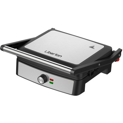 Електрогриль Liberton LPG-1402, Inox/Black, 2200W, закритий (двосторонній), індикатор готовності їжі, регулятор температури, відкривання на 180град, розмір пластини 29х23см, рифлені пластини, антипригарне покриття, піддон для жиру, скребок для чищення