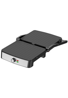 Електрогриль Liberton LPG-1402, Inox/Black, 2200W, закритий (двосторонній), індикатор готовності їжі, регулятор температури, відкривання на 180град, розмір пластини 29х23см, рифлені пластини, антипригарне покриття, піддон для жиру, скребок для чищення