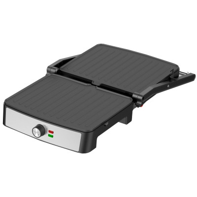 Електрогриль Liberton LPG-1402, Inox/Black, 2200W, закритий (двосторонній), індикатор готовності їжі, регулятор температури, відкривання на 180град, розмір пластини 29х23см, рифлені пластини, антипригарне покриття, піддон для жиру, скребок для чищення