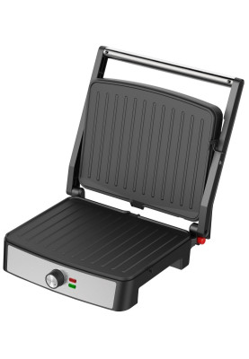 Електрогриль Liberton LPG-1402, Inox/Black, 2200W, закритий (двосторонній), індикатор готовності їжі, регулятор температури, відкривання на 180град, розмір пластини 29х23см, рифлені пластини, антипригарне покриття, піддон для жиру, скребок для чищення