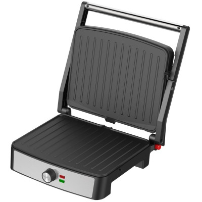 Електрогриль Liberton LPG-1402, Inox/Black, 2200W, закритий (двосторонній), індикатор готовності їжі, регулятор температури, відкривання на 180град, розмір пластини 29х23см, рифлені пластини, антипригарне покриття, піддон для жиру, скребок для чищення