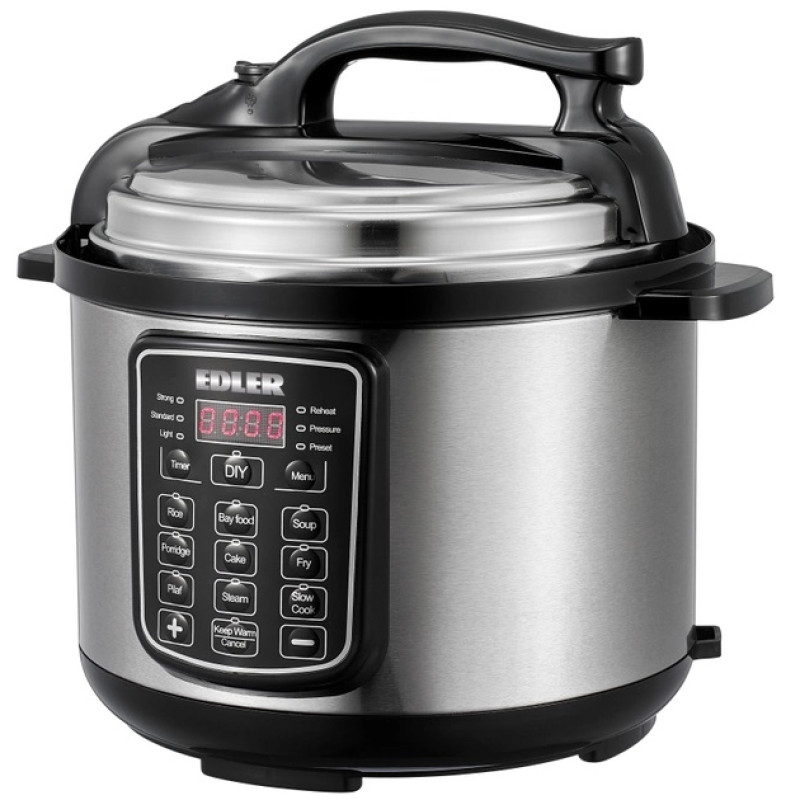 Мультиварка-скороварка Edler ED-PC1806, Black/Silver, 900W, електронне кнопкове управління, чаша 5л, дисплей, програм 16, антипригарне покриття, таймер відстрочки, автопідігрів, автоматичний контроль тиску