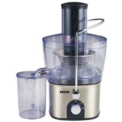 Соковитискач Edler EDJU-1146, Inox/Black, 1000W, відцентрова, ємність для соку 1000мл, 2 швидкості, горловина "ціле яблуко" 75мм, контейнер для м'якоті 1700мл, перемикач з підсвіткою, корпус, лезо і фільтр з нерж. сталі