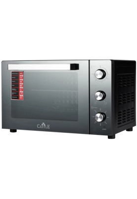 Електродуховка Castle CPE-45B, Black, 1700W, 45л, конвекція, подвійне термостійке скло, 4 нагрівальних елемента, підсвітка, таймер, термостат 70-250 °C, сховані регулятори, деко, решітка, ручка для деко, лоток для крихт