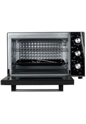 Електродуховка Castle CPE-45B, Black, 1700W, 45л, конвекція, подвійне термостійке скло, 4 нагрівальних елемента, підсвітка, таймер, термостат 70-250 °C, сховані регулятори, деко, решітка, ручка для деко, лоток для крихт