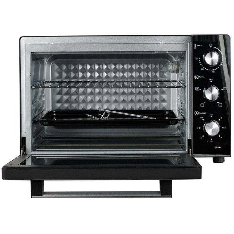 Електродуховка Castle CPE-45B, Black, 1700W, 45л, конвекція, подвійне термостійке скло, 4 нагрівальних елемента, підсвітка, таймер, термостат 70-250 °C, сховані регулятори, деко, решітка, ручка для деко, лоток для крихт