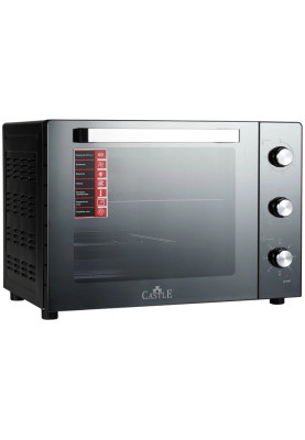 Електродуховка Castle CPE-60B, Black, 1900W, 60л, конвекція, подвійне термостійке скло, 4 нагрівальних елемента, підсвітка, таймер, термостат 70-250 °C, сховані регулятори, деко, решітка, ручка для деко, лоток для крихт
