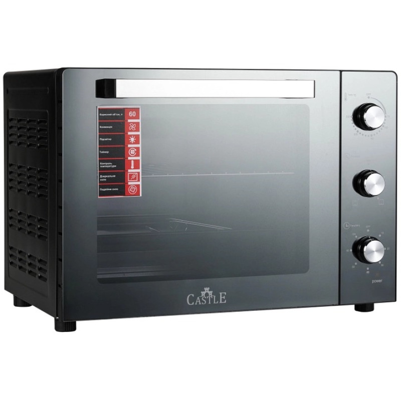 Електродуховка Castle CPE-60B, Black, 1900W, 60л, конвекція, подвійне термостійке скло, 4 нагрівальних елемента, підсвітка, таймер, термостат 70-250 °C, сховані регулятори, деко, решітка, ручка для деко, лоток для крихт