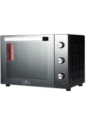 Електродуховка Castle CPE-60B, Black, 1900W, 60л, конвекція, подвійне термостійке скло, 4 нагрівальних елемента, підсвітка, таймер, термостат 70-250 °C, сховані регулятори, деко, решітка, ручка для деко, лоток для крихт
