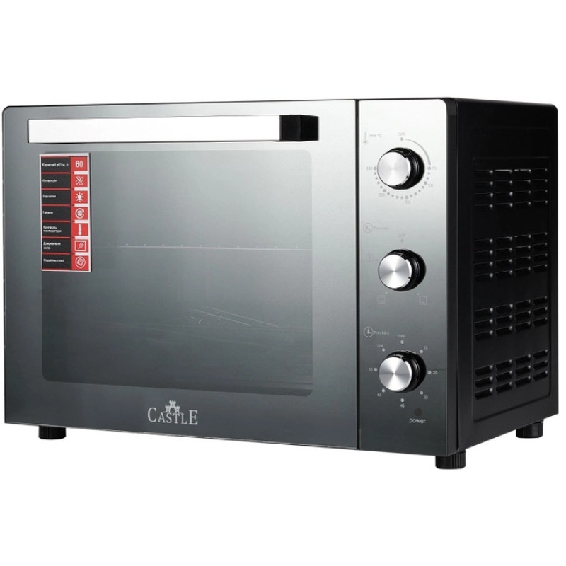 Електродуховка Castle CPE-60B, Black, 1900W, 60л, конвекція, подвійне термостійке скло, 4 нагрівальних елемента, підсвітка, таймер, термостат 70-250 °C, сховані регулятори, деко, решітка, ручка для деко, лоток для крихт