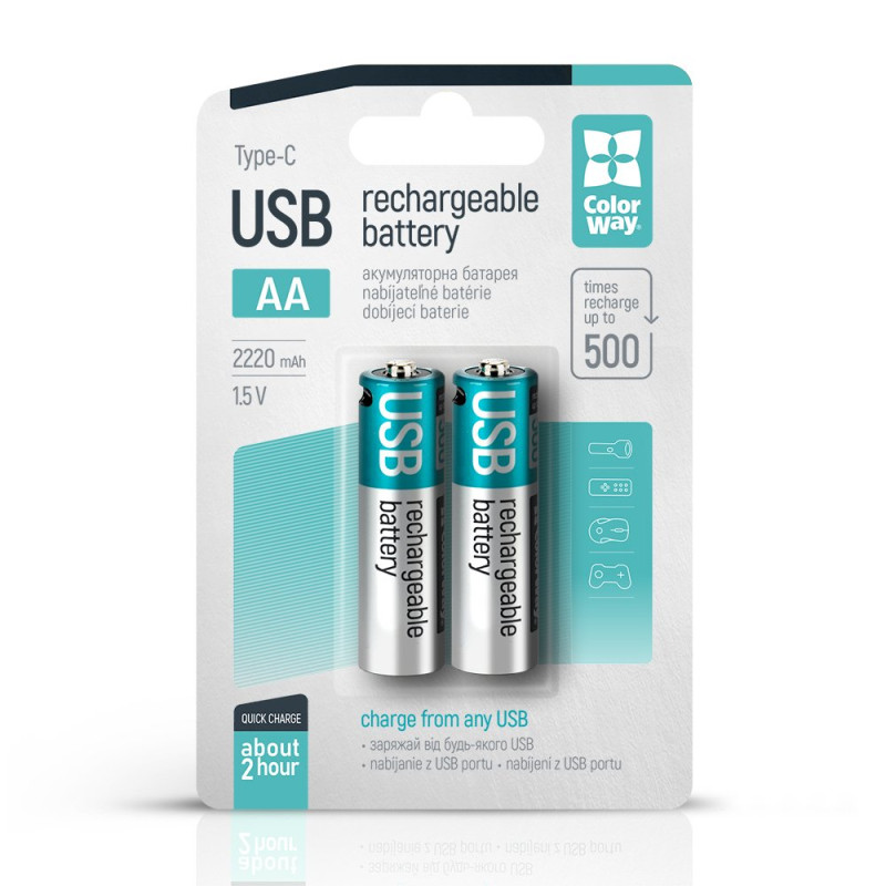 Акумулятор AA, 2220 mAh, ColorWay, 2 шт, 1.5V, Type-C (5V, 450 mA), Li-Pol (CW-UBAA-10)
