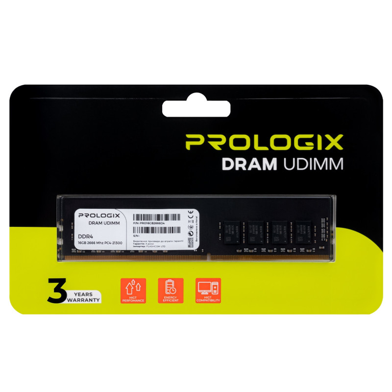 Пам'ять 16Gb DDR4, 2666 MHz, ProLogix, 19-19-19-43, 1.2V (PRO16GB2666D4)