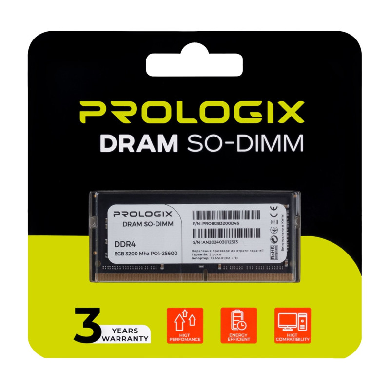 Пам'ять SO-DIMM, DDR4, 8Gb, 3200 MHz, ProLogix, 1.2V, CL22 (PRO8GB3200D4S)