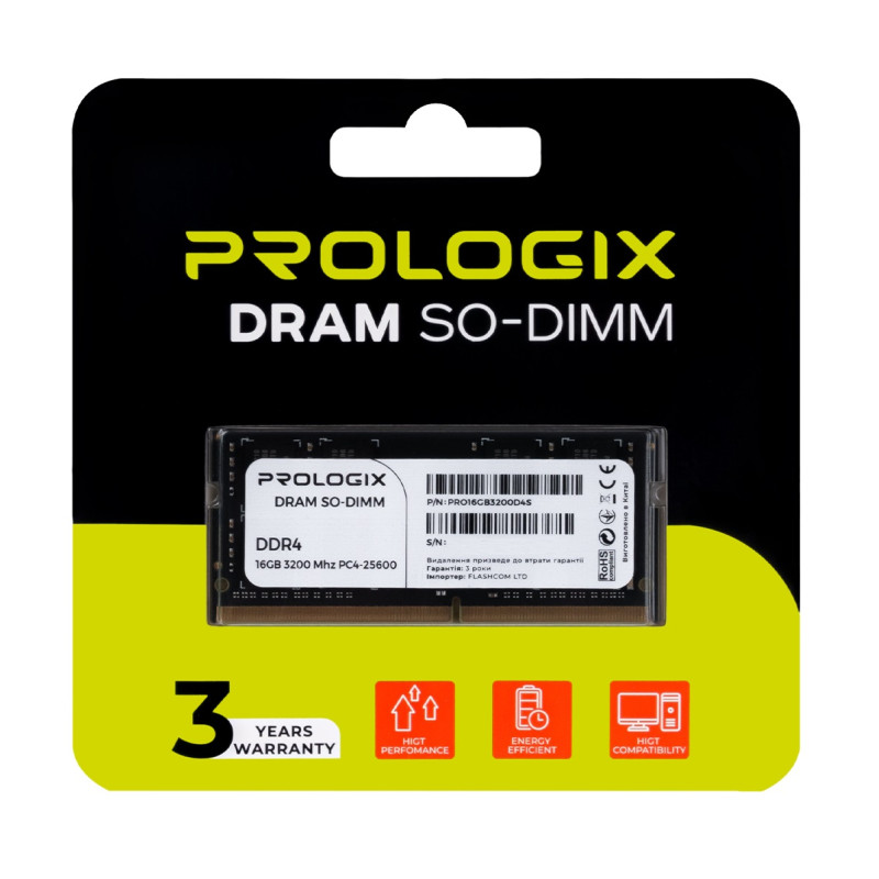 Пам'ять SO-DIMM, DDR4, 16Gb, 3200 MHz, ProLogix, 1.2V, CL22 (PRO16GB3200D4S)