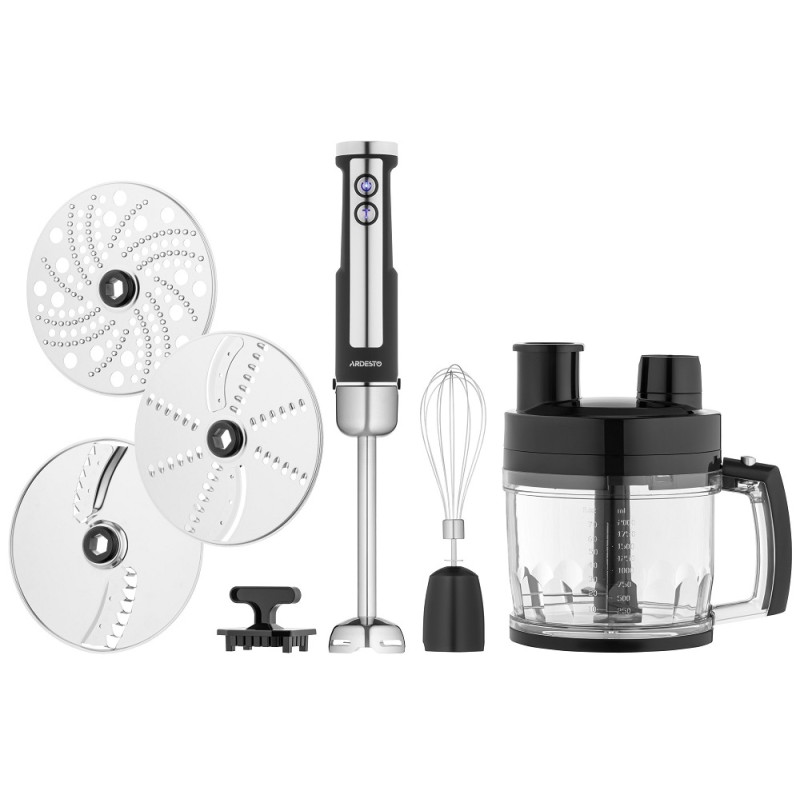 Блендер Ardesto HBSG-1000WHCHSL, Black, 1000W, занурювальний, 5 швидкостей з плавним регулюванням, турборежим, 7 насадок, подрібнювач 2000мл, мірний стакан 600мл, насадки для збивання, нарізання кубиками, картоплі фрі, шаткування, тертя
