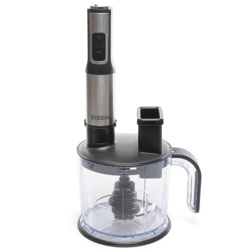 Блендер Eisen EBSS-155WS, Black, 1500W, занурювальний, 15 швидкостей з ступінчатим регулюванням, ТУРБО, мірна склянка 800мл, великий подрібнювач 1500мл, 2 диски для шинкування та терка, насадка-міксер, гаки для тіста, вінчик