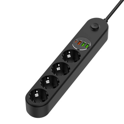 Фільтр мережевий 2 м ColorWay, Black, 4 x євророзетки, 1xType-C (45 Вт, PD3.0), 1xUSB (30 Вт, QC3.0), 2xUSB (12 Вт), дріт з міді (до 2500 Вт), 10A (CW-CHE44PDB)