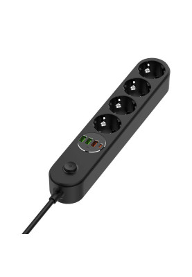 Фільтр мережевий 2 м ColorWay, Black, 4 x євророзетки, 1xType-C (45 Вт, PD3.0), 1xUSB (30 Вт, QC3.0), 2xUSB (12 Вт), дріт з міді (до 2500 Вт), 10A (CW-CHE44PDB)