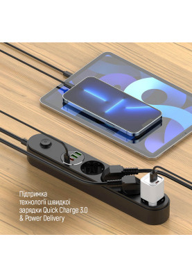 Фільтр мережевий 2 м ColorWay, Black, 4 x євророзетки, 1xType-C (45 Вт, PD3.0), 1xUSB (30 Вт, QC3.0), 2xUSB (12 Вт), дріт з міді (до 2500 Вт), 10A (CW-CHE44PDB)