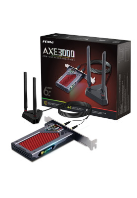 Мережева карта PCI-E x1, Fenvi FV-AXE3000RGB, WiFi 6E (до 2400 Mbps), Bluetooth 5.3, Intel AX210, RGB підсвічування, радіатор, 2 зовнішні антени, підставка