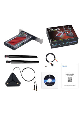 Мережева карта PCI-E x1, Fenvi FV-AXE3000RGB, WiFi 6E (до 2400 Mbps), Bluetooth 5.3, Intel AX210, RGB підсвічування, радіатор, 2 зовнішні антени, підставка