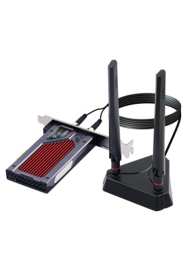 Мережева карта PCI-E x1, Fenvi FV-AXE3000RGB, WiFi 6E (до 2400 Mbps), Bluetooth 5.3, Intel AX210, RGB підсвічування, радіатор, 2 зовнішні антени, підставка