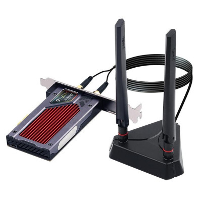 Мережева карта PCI-E x1, Fenvi FV-AXE3000RGB, WiFi 6E (до 2400 Mbps), Bluetooth 5.3, Intel AX210, RGB підсвічування, радіатор, 2 зовнішні антени, підставка